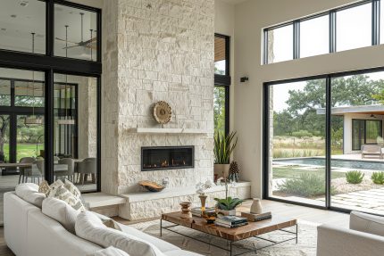 Luxury living room with fireplace, white stone wall, and black steel windows in modern style, with dining table near glass door to outdoor patio.