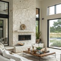 Luxury living room with fireplace, white stone wall, and black steel windows in modern style, with dining table near glass door to outdoor patio.