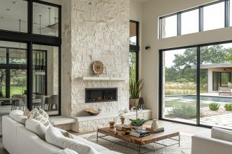 Luxury living room with fireplace, white stone wall, and black steel windows in modern style, with dining table near glass door to outdoor patio.
